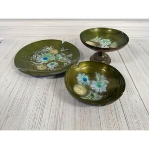 Vintage Sascha Brastoff MCM Enamel Copper Green Floral Plate Ashtray LOT 3